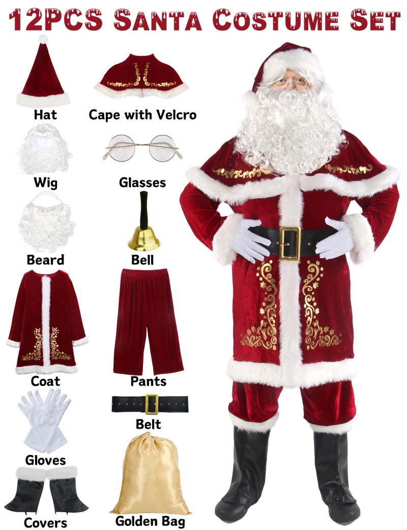 Halfjuly Menâ€™s Santa Costume Set Christmas 12pcs Deluxe Velvet Adult Santa Claus Suit S - Image 5